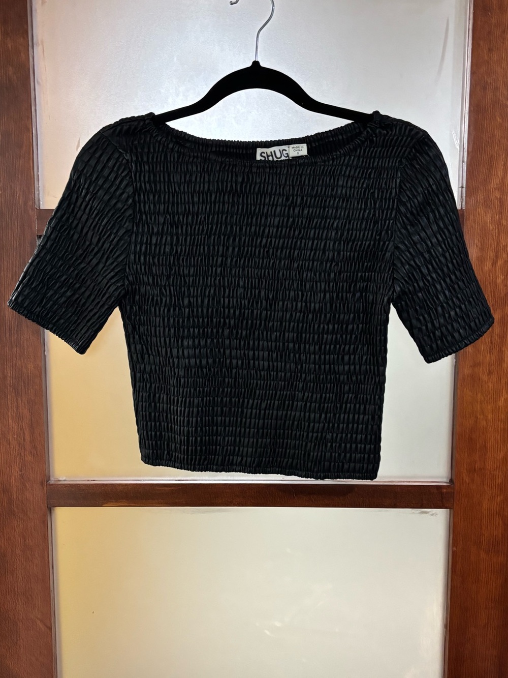 SHUG Black Smocked Pleather Crop Top